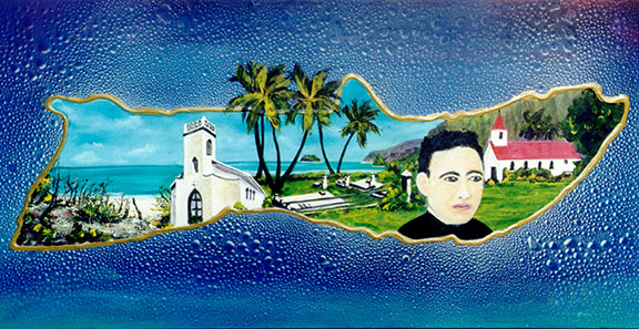 Saint Damien, Molikai, original Hawaiian Art Acrylic Painting by Hhawaii artist Donald K. Hall #257